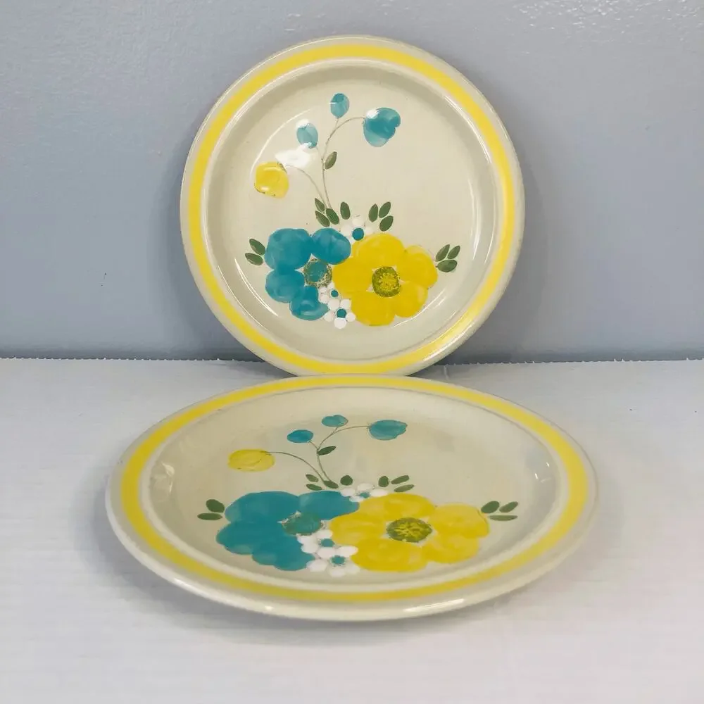 retro‎ kitchen yellow blue flower plates small 202 happy hand painted 7.25 in